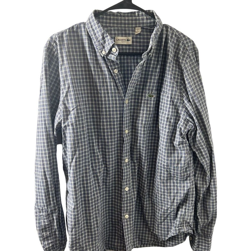 Men's LACOSTE Shirt Blue white Plaid Cotton Long Sleeve Slim fit